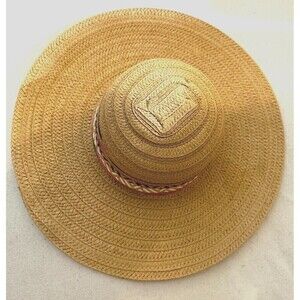 Wide‎ Brim Straw Hat with Leather Strap Women's One Size Brown